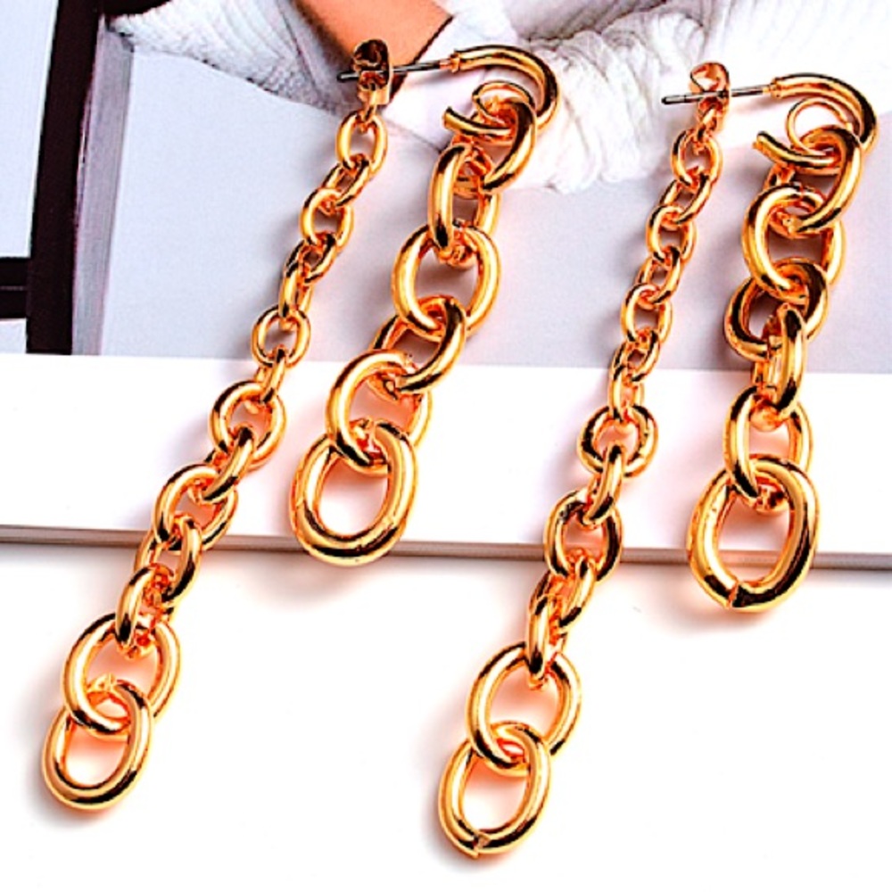 Unisex Pierced Earrings Long Dangle Drop Chain Link Metal Gold Tone Trendy